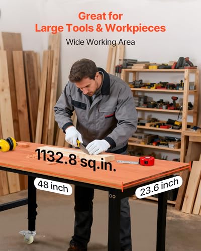 Image of VEVOR Adjustable Workbench on Wheels, 1500 lbs Capacity, 48 x 24 Inch Oak Wood Top Workbench with 28.5-42.3 Inch Height Adjustment, Heavy-Duty Hardwood Worktable for Garage, Workshop, Home, Office