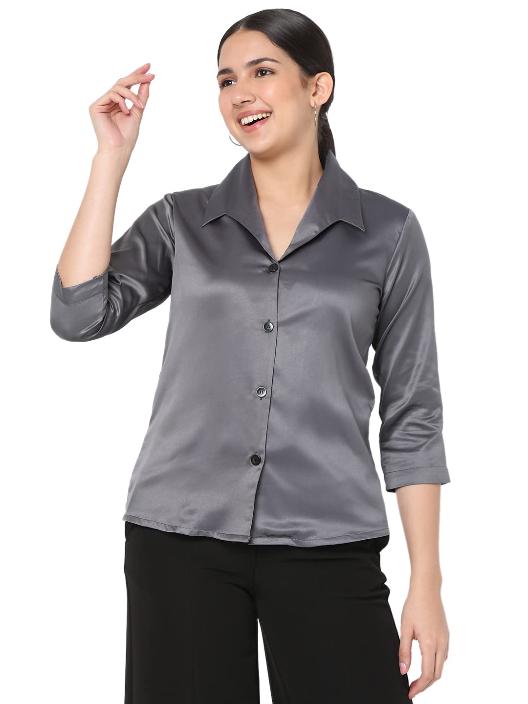 Smarty Pants Women's Silk Satin Grey Color Long Point Collar Formal Shirt.