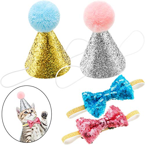 SATINIOR 4 Pieces Cat Birthday Hat Bowtie Small Dog Hat Headband Topper Bowtie Adjustable Cute Puppy Birthday Costume Accessories for Cat Small Medium Pet(Lake Blue and Pink Style A)