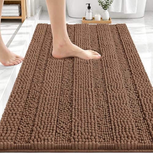 Image of OLANLY Thick Bathroom Rugs 30x20, Extra Soft Absorbent Chenille Striped Bath Rugs, Rubber Backing, Machine Wash Dry, Bath Mats for Bathroom Floor, Tub and Shower, Home Decor Accessories, Mocha