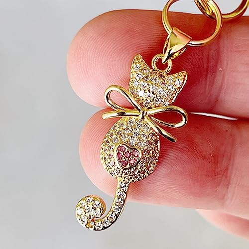 Dainty 18k Gold Plated Cubic Zirconia Cat Purse Charm, Small Cute Backpack Zipper Pulls, Unique Pretty Pink Heart Handbag Jewelry, Tiny Keychain Charms2