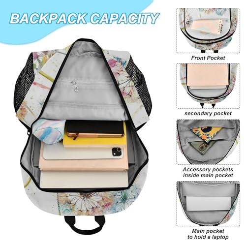 Watercolor Dandelions Flowers Backpack with Lunch Bag for Kids Boys Girls Travel School Backpack Set4