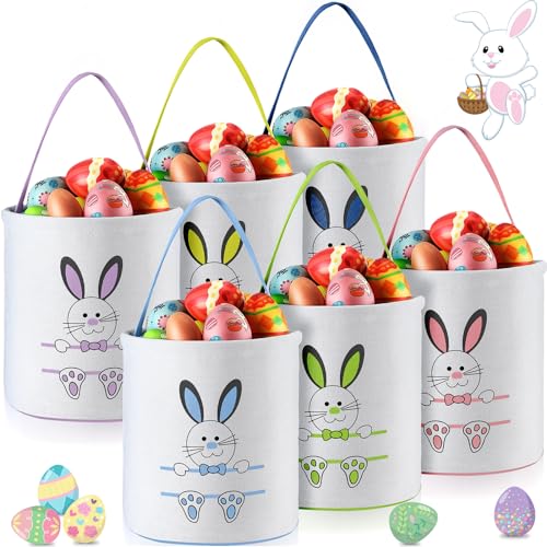 Image of Talltalk 6 Pieces Easter Bunny Basket Bulk for Kids Canvas Rabbit Egg Print Bucket Tote Bags for Boys Girls Gifts Egg Hunts Decorations Favors Carry Candy Storage