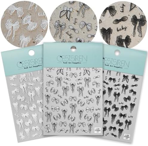 White Black Bow Nail Art Stickers Embossed Elegant Nail Decals for Nail Art Design Self-Adhesive Nail Accessories for Women Nail Art Supplies 3 Sheets