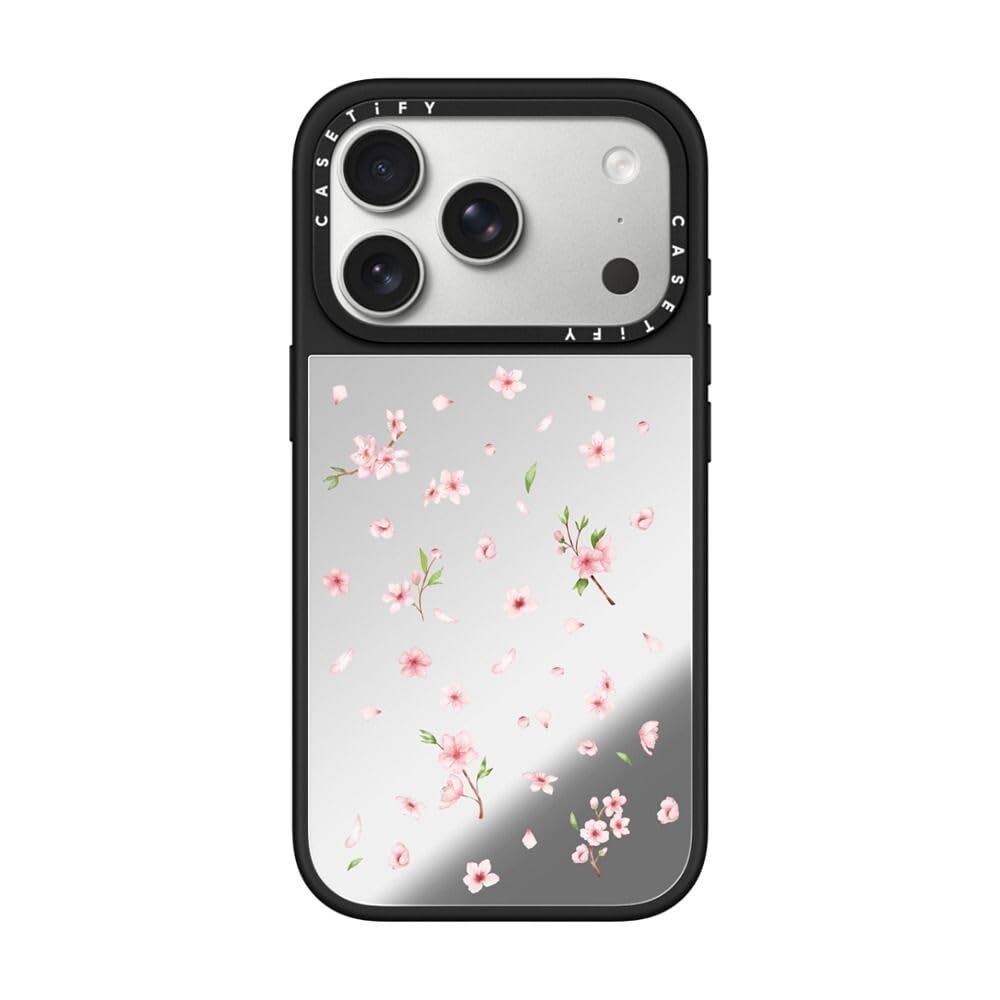 CASETiFY ミラー iPhone 17 Pro ケース [鏡面(スマホカバー)/MagSafe対応/指紋防止] - Sakura Flowers Dainty - シルバー (ブラックバンパー)