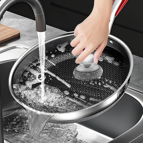 Image of 2 Pcs Stainless Steel Wool Scrubber Set with Handle, Includes 2 Replacement Scrubber Pads, Perfect for Cleaning Iron Pots, Stoves, Grills, and Sinks, Durable Metal Scourer for Tough Messes