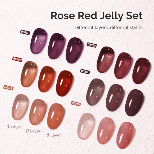 Image of MelodySusie Jelly Gel Nail Polish Set,6 Transparent Colors,Milky or Jelly Texture,Rose Red Colors Soak Off UV LED Light Cure or Salon Manicure and Nail Art DIY at Home 15ML 0.3Fl Oz