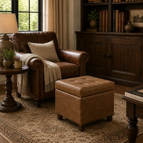 Image of HomePop Square Tufted Storage Ottoman - Distressed Brown Faux Leather Small