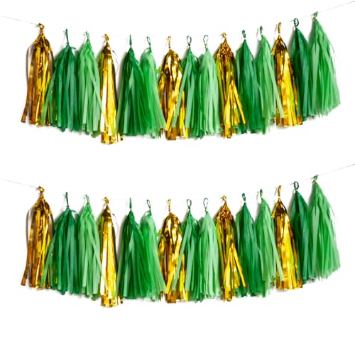 Image of Green and Gold Tassel Garland,Tissue Tassel Banner for Party Decorations,Pack of 15