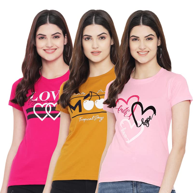 Image of Preneum Women's Cotton Regular Fit Graphic Stylish Printed Short Sleeves Casual T-Shirt || Trend & Style (Pack 3)
