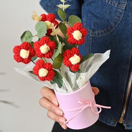 Image of Artificial Crochet Flower Bouquet /Artificial Flowers Bunch /Crochet Flowers Bouquet /Crochet Flowers /Flowers Bouquet Gift for Girls Home Decor (Red)
