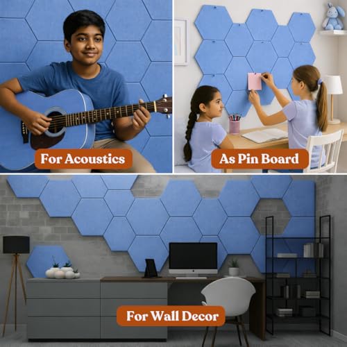 Image of MMT Acoustix HexaFelt Bevelled Acoustic Panels, Luxury Sound Absorbing Felt Wall Panels for Home, Office & Studios | VOC Free, 30x30 cm, | Pack of 7 | Carolina Colour