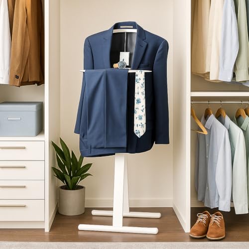 Image of Proman Products Josh Freestanding Wooden Valet Stand Organizer with Tray, Hanger, Trouser Bar, White