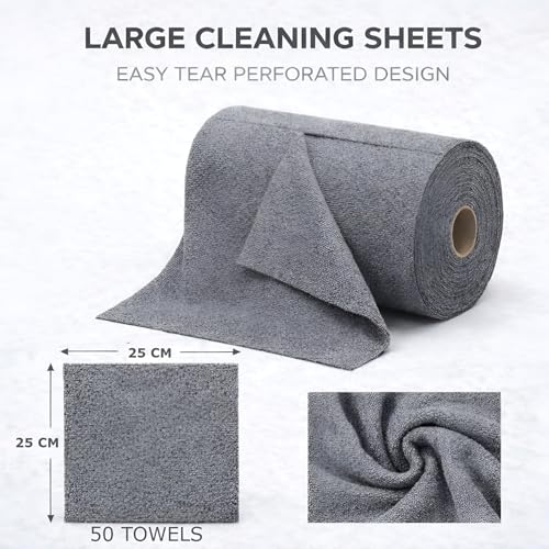 Image of PulGos 50pcs Microfiber Cleaning Cloth Roll - 25x25cm | 4000x Washable - Cheaper Than Regular Cloths - Ultra-Absorbent Lint-Free Rags | Tear-able Reusable Towels for Kitchen, Home, Car & Auto