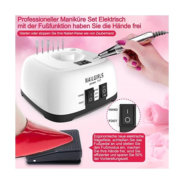 Nagelfeile Elektrisch für gelnägel,NAILGIRLS 11 in 1 Nagel Fräsmaschine,35000 U/Min Nail Drill Nagelfräser Set,Maniküre… – Bild 7