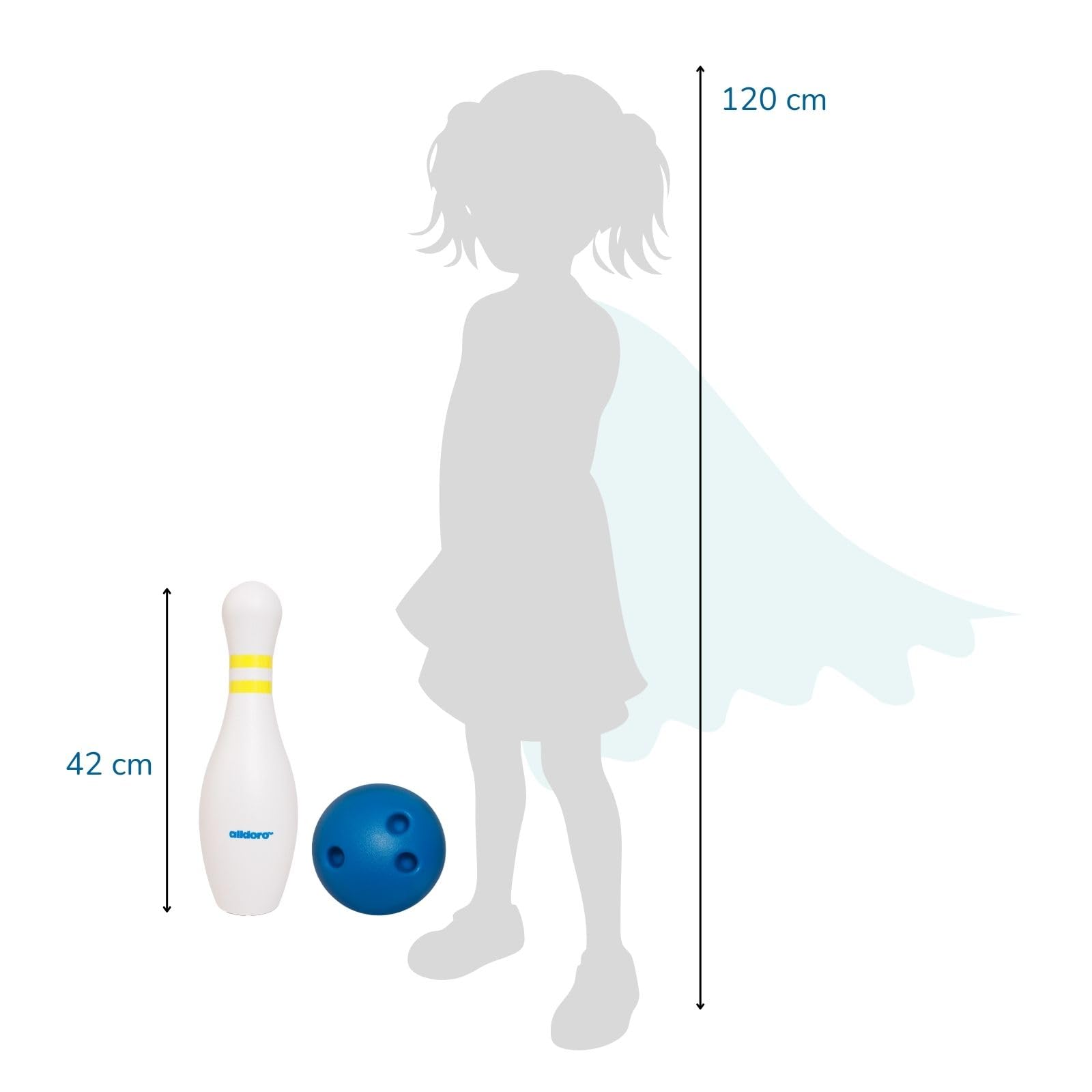 alldoro 60131 XXL Bowling Set - 6 Bolos Blancos rellenables, 42 cm de Altura y 1 Bola de Bolos - Juego de Bolos con Bolsa, niños a Partir de 3 años