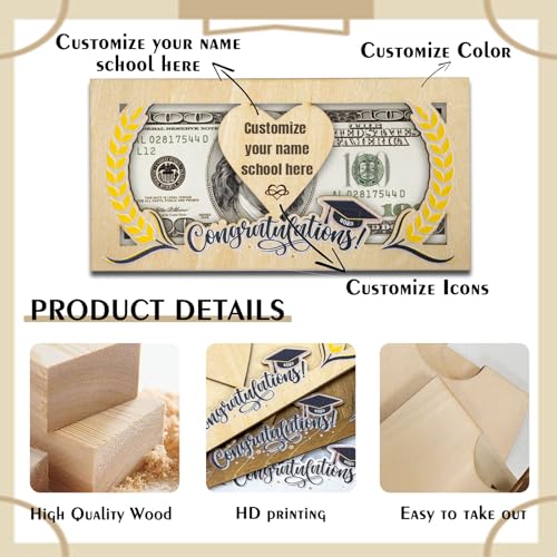 Graduation Money Holder 2025 Personalized with Name School Custom Wooden Graduation Card Box Cash Holder Envelope Graduation Gift for Her Him High College Son Daughter (Money Holder)3