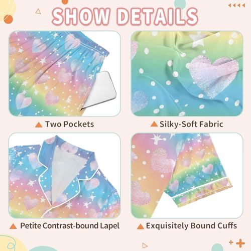 senya Rainbow Flashing Heart Satin Summer Pajama Sets Silk Short Sleeve Button Down Sleepwear3