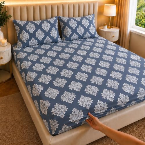 Image of Castiqa Elastic Fitted Supersoft Premium Polycotton 200TC Double Bedsheets King Size 78x72 Inch with 2 Pillow Covers (Fits Upto Mattress of 8Inches) (Multicolor V)