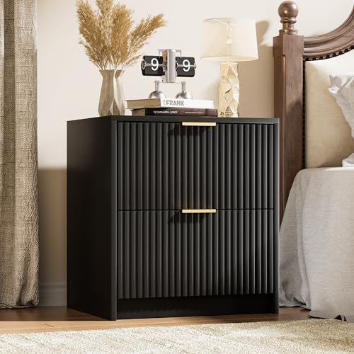 Image of Furniway Nightstands Set of 2, Fluted Nightstand with Gold Metal Handles and 2 Drawers, Modern Bedside Table, 19.6 inch Wide Wood End Table for Bedroom, Black