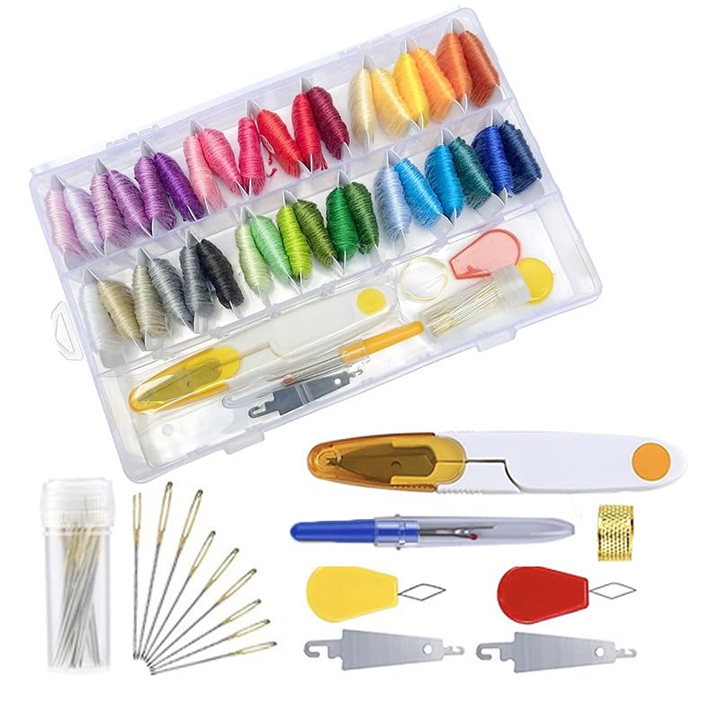 Huacan Embroidery Floss Kit with Storage Box 36 Colors Stitching Threads Sewing Kits 53 Pcs DIY Cross Stitch Accessories Set for Adults Beginner