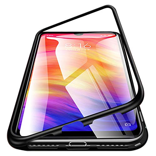 Image of The Little Shop Back Cover Case for Realme 5 Pro Magnetic Metal Frame Tempered Glass (only at The Back) with Built-in Magnets Bumper Hard Back Case (Black)