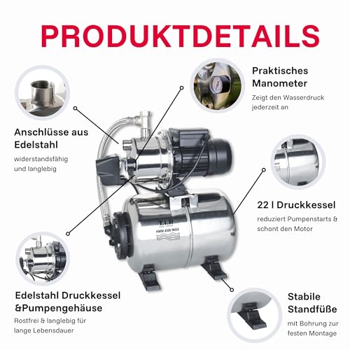 T.I.P. Hauswasserwerk HWW 4500 INOX | Edelstahl | 4.350 l/h | max. 50 m Förderhöhe | 5 bar | 22 l...