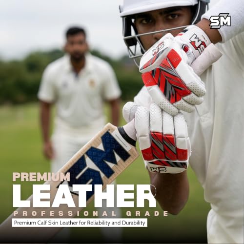 Image of SM Strike Batting Gloves Men's Size | Cricket Gloves | Calf Skin Leather Palm | Fibre Mould Infused Protection | Pre-Bent Hinged Fingers | Moisture-Wicking Comfort | Club Cricket | Size Men's