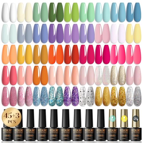 ROSALIND 48Pcs Esmalte Semipermanente, 45 Colors Mini Blanco Verde Azul Rosa Morado Macaron Glitter Pintauñas Semipermanentes，Esmalte de Uñas Semipermanentes Principiantes Art DIY