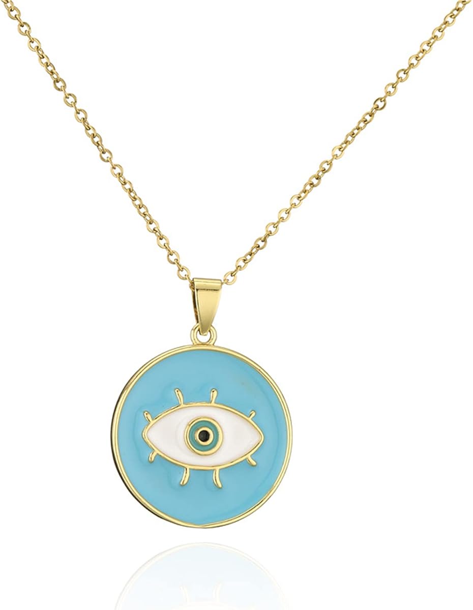 18k Gold Plated Evil Eye Enamel Pendant Necklace,Handmade Adjustable Amulet Evil Eye Jewelry for Women