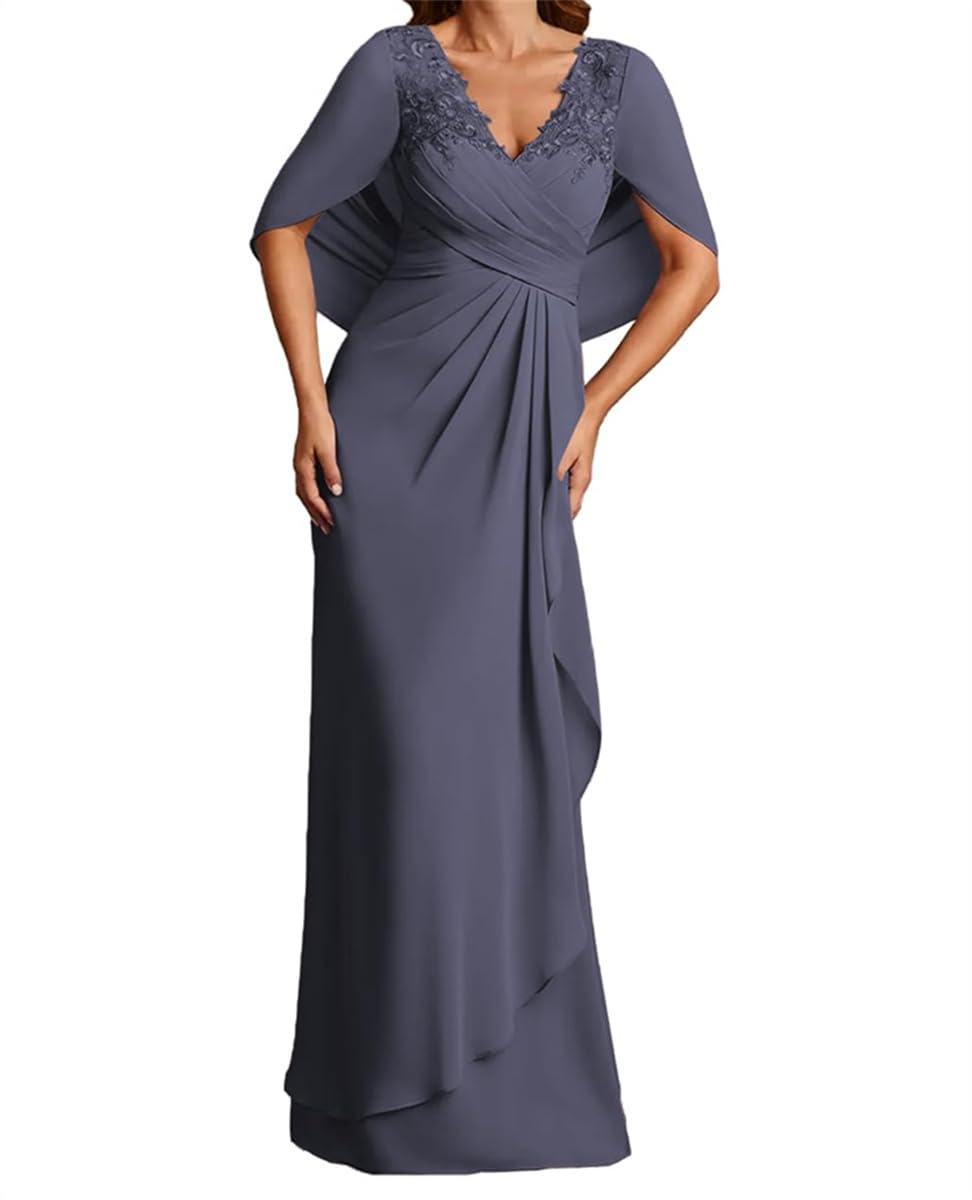 Vestido con mangas de capa para madre de la novia, con apliques de encaje, de gasa, plisados, para fiesta de cóctel