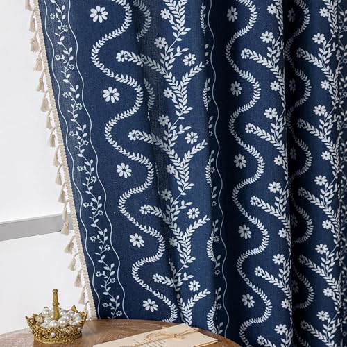 Image of Navy Blue Boho Curtains 45 Inch Long for Living Room, Bedroom, 2 Panels Floral Farmhouse Vintage Tassel Semi Sheer Light Filtering Privacy Window Curtain Drapes with Rod Pocket, Navy Blue