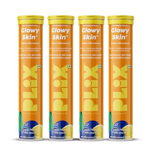 Image of PLIX - THE PLANT FIX Glutathione Effervescent Tablets for Clear, Glowing & Youthful Skin | 500mg Glutathione, Vit E & Hyaluronic Acid | No Maltodextrin, No Sugar | Pack of 4 (60 tabs) | Lemon