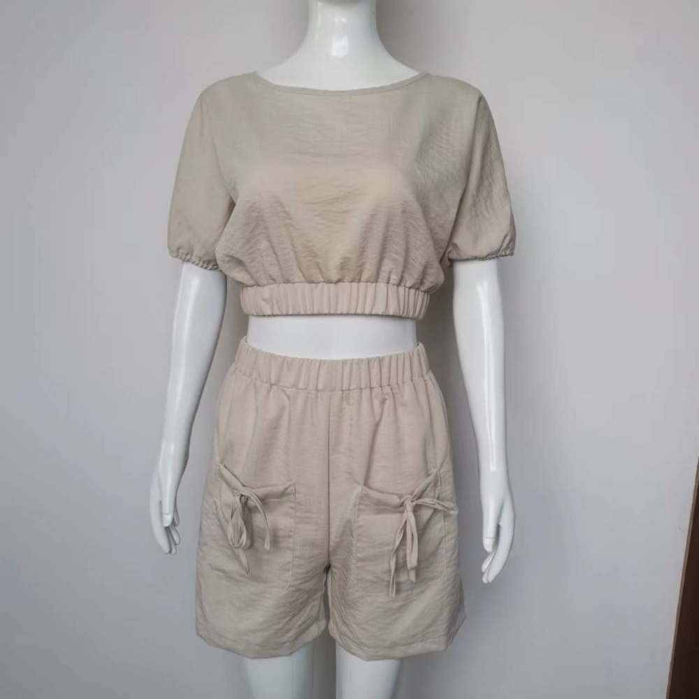 Magliette Donna, T-Shirt Da Donna Pantaloncini 2 Pezzi Completi Kaki Tinta Unita Girocollo Schienale Senza Schienale Cravatta Outfit Estate Manica Corta Con Tasca Pantaloni Elastico Vita Alta Mini P