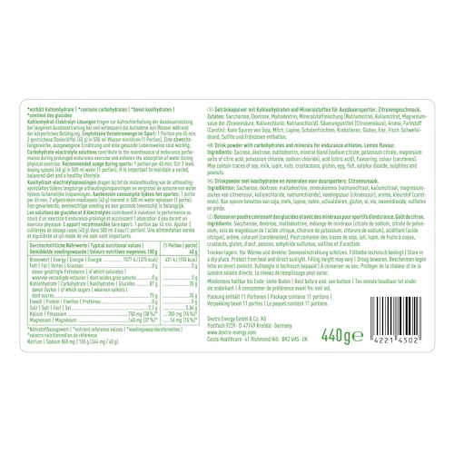 Dextro Energy, Iso Drink Elektrolyte Sport Getränkepulver, Lemon, Mit Natrium, Magnesium, Kalium, Chlorid, für schnelle Energieversorgung, 440g, 11 Portionen