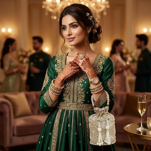 Image of Nevis Silk Fabric Luxury Pearl Embroidered Potli Bag for Women | Bridal Ethnic Drawstring Clutch with Beaded Handle Wedding | Potli Bag