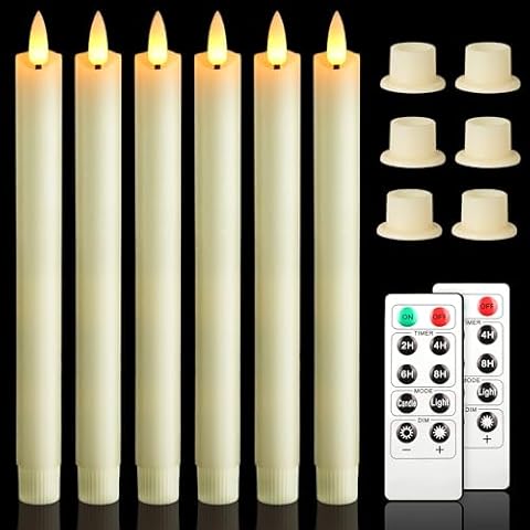 NURADA Flameless Taper Candles: 10 Inch Real Wax Warm 3D Wick LED Battery Operated Fake Candle with Remote Timer for Window Christmas Home Wedding Decor - Ivory Pack of 6 Cover