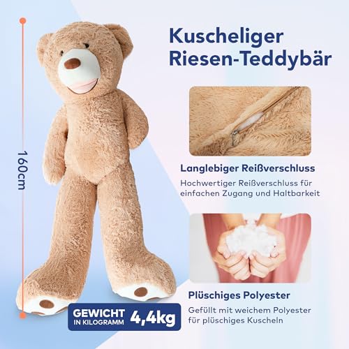 MKS Riesen Teddybär XXL Kuschelbär 160 cm groß Plüschbär - Original Teddy Bär Braun (160 cm)