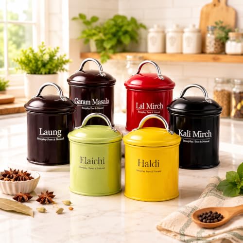 Image of MARKET 99 Metal Spice Jars Set of 6 (250 ml Each) - Multicolor Glossy Round Typographic Design Spice Storage Containers with Lid for Kitchen Storage, Spice Box & Organizer
