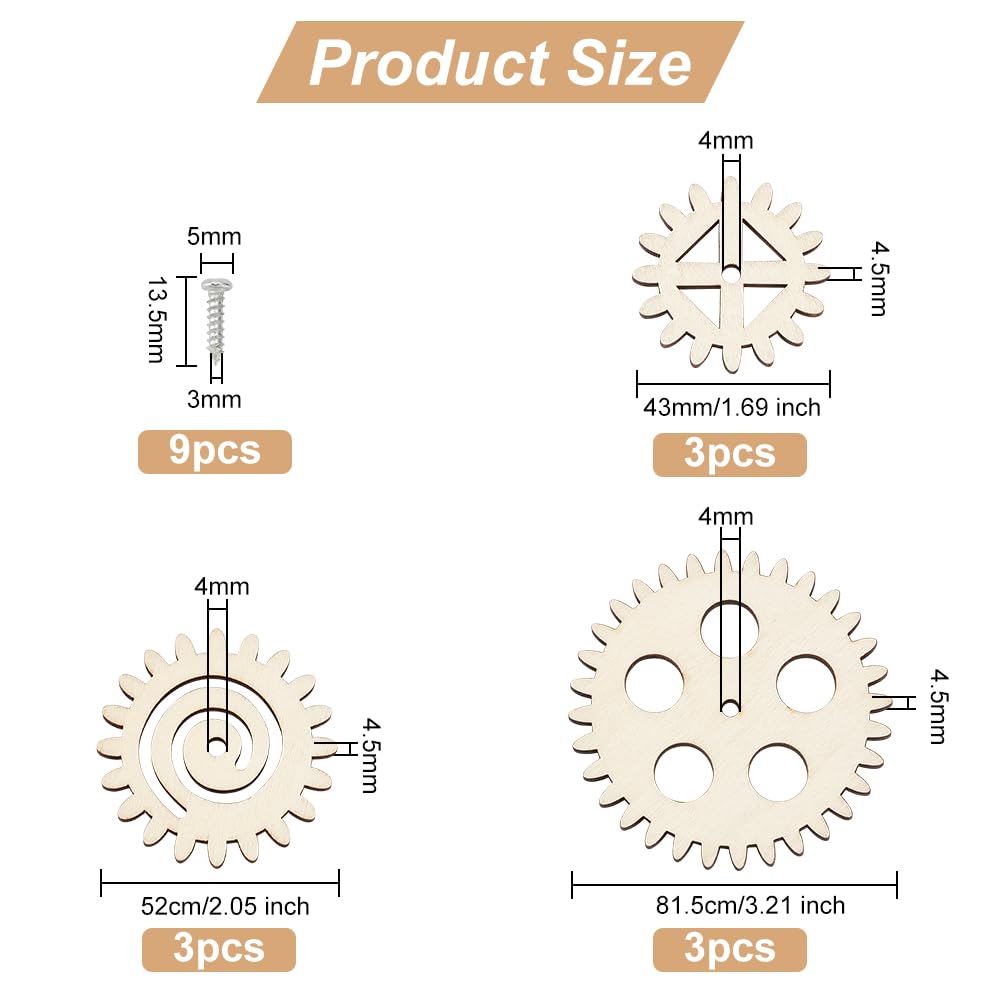 OLYCRAFT 3Sets Unfinished Wood Gear Sets Blank Wood Slices with Screws Gear Shape Wooden Slices Natural Wood Cutouts for DIY Project Painting Drawing Home Party Decoration Crafts - Image 2