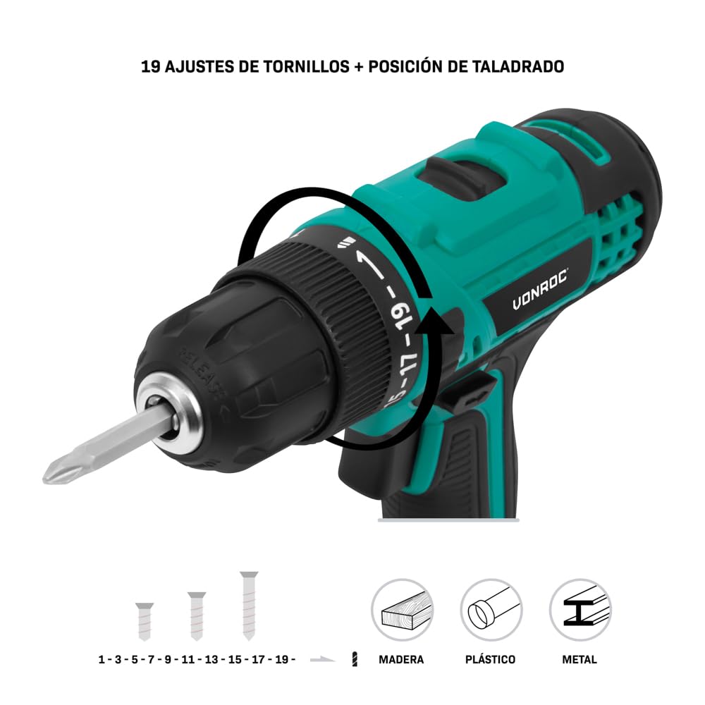 VONROC Wiertarko-wkrętarka 20V 25Nm, 2 biegi, 19+1 ustawień, uchwyt 10mm, kompaktowa CD510DC (2.0Ah)