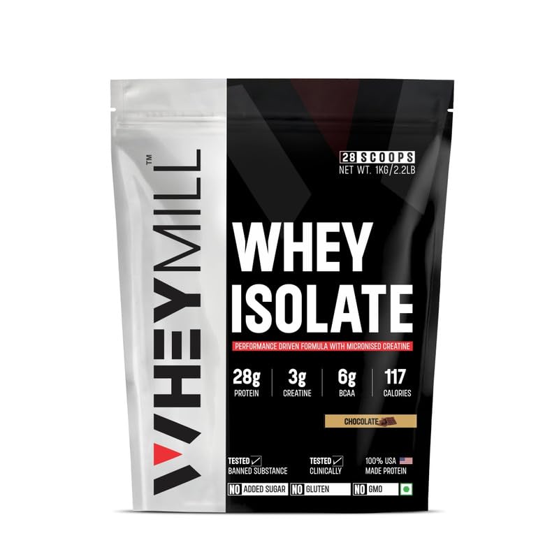 WHEYMILL 100% Whey Protein Isolate Easy Mixing,Low Carbs Whey Protein Isolate Supplement Powder With Creatine For Men,Women&Athletes(1 Kg/2.2Lb 28 Servings Chocolate)