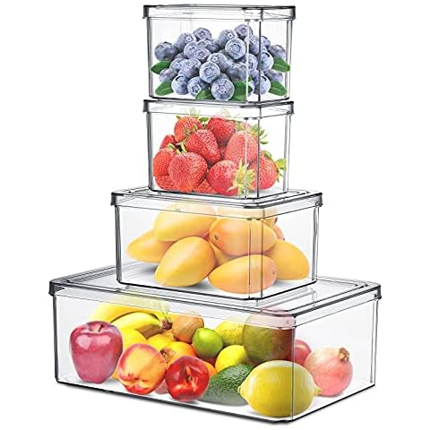 Pack of 4 Food Storage Containers with Lids Fridge Storage Box PET Plastic Food Storage Containers Food Grade Refrigerator Organiser Boxes Stackable Storage Container Cover