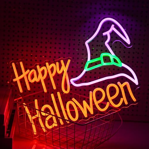 Image of Happy Halloween Neon Sign Mysterious Purple Green Hat LED Neon Light for Wall Decor Dimmable USB Powered Halloween Light Up Sign for Halloween Decor Home Spooky Party bedroom Decor(16.5 * 12.6 In)
