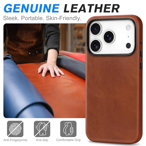 Image of SHIELDON Genuine Leather Case for iPhone 17 Pro 6.3 inch 2025, Retro Brown | Compatible with MagSafe, Magnetic Wireless Charging, Camera Button, Metal Buttons, Camera Bezel, Slim, Shockproof, Women Men