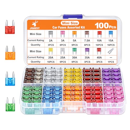 JOREST 100Pcs Kfz Sicherung Set - Mini Flachsicherungen Auto + 1 Sicherungszieher - Automotive Sicherungen für PKW/Wohnmobil/LKW/Motorrad (2 Ampere 3A 5A 7.5A 10A 15A 20A 25A 30A 35A 40A)