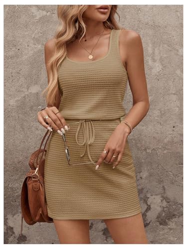 Image of RoseSeek Women's Waffle Knit Belted Tank A Line High Waisted Dresses Square Neck Sleeveless Summer Short Dress