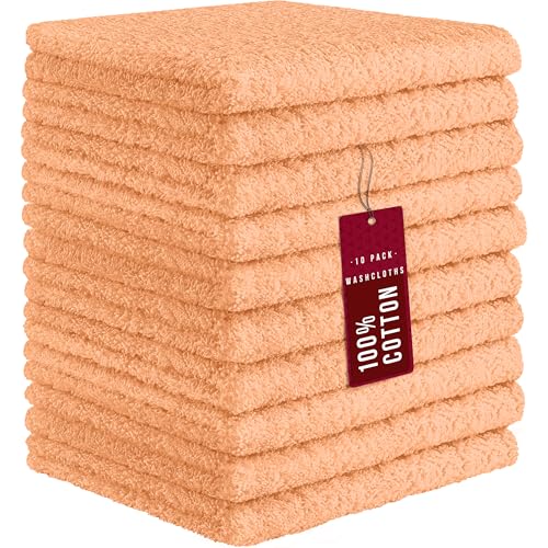 Image of DecorRack 10 Pack 100% Cotton Wash Cloth, Luxurious Soft, 12 x 12 inch Ultra Absorbent, Machine Washable Washcloths, Peach (10 Pack)