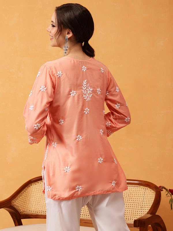 Image of Ada Women's Muslin Straight Fit Tunic Hand Embroidered Lucknowi Chikankari Straight Top Short Kurti A911420