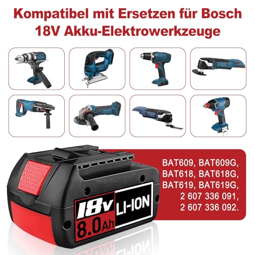 4 Stück18V 8.0AH Li-Ion Ersatzakku für Bosch 18V Akku Lithium Akku Kompatibel mit Bosch 18V Serie BAT609 BAT618 BAT618G BAT609G BAT619 BAT619G BAT610G mit LED – Bild 5